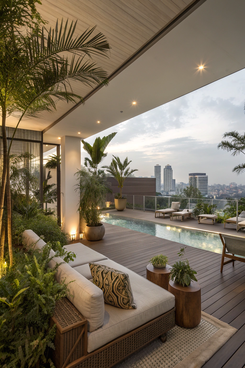 Luxurious penthouse terrace design with seating and amenities