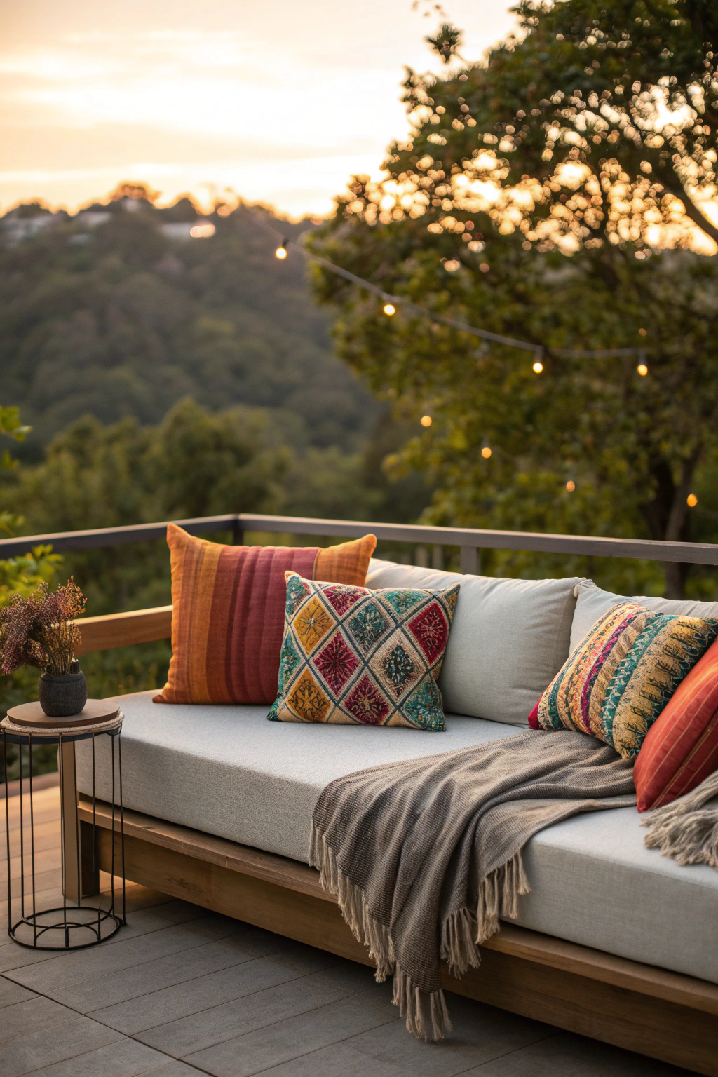 Stylish terrace couch with colorful cushions in an outdoor setting