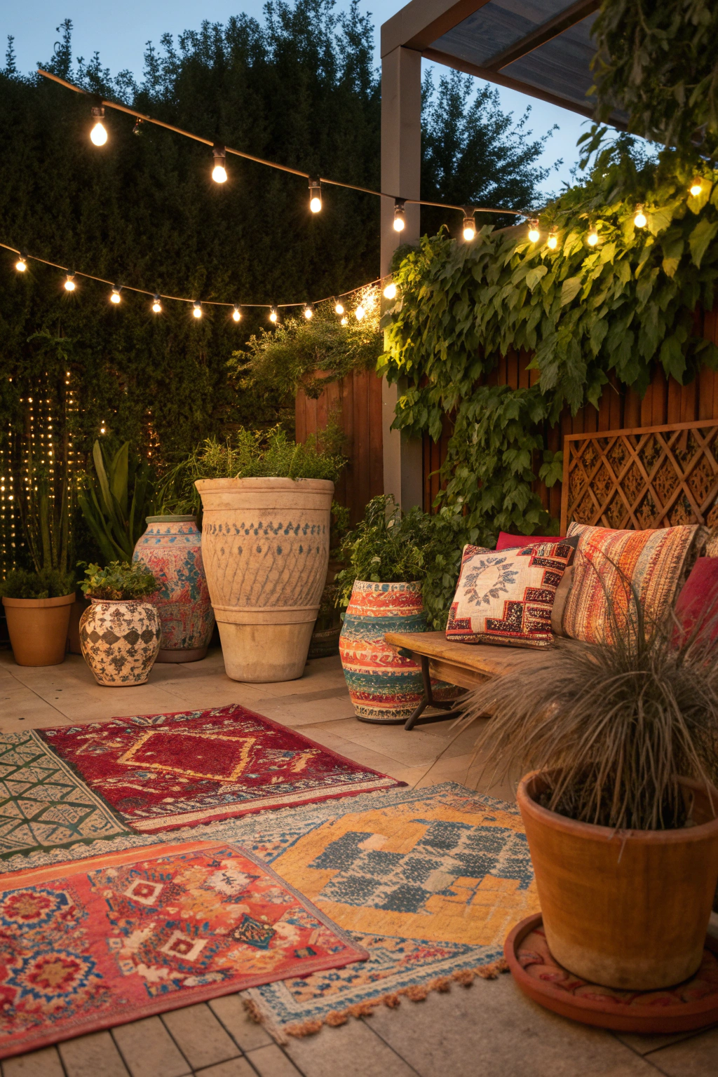 Decorative patio with vibrant rugs and cozy lighting