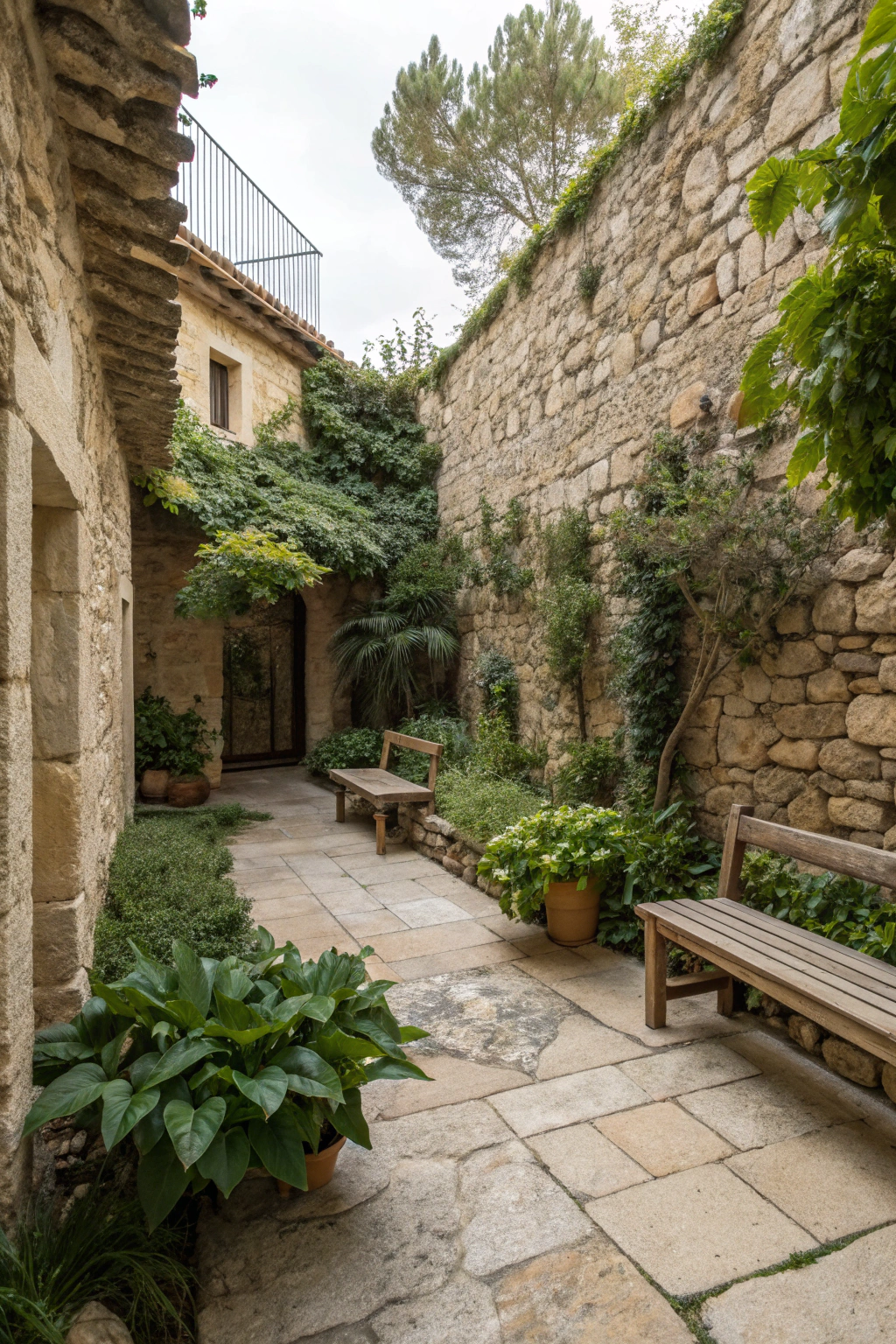 Lush walled courtyard with seating and plants