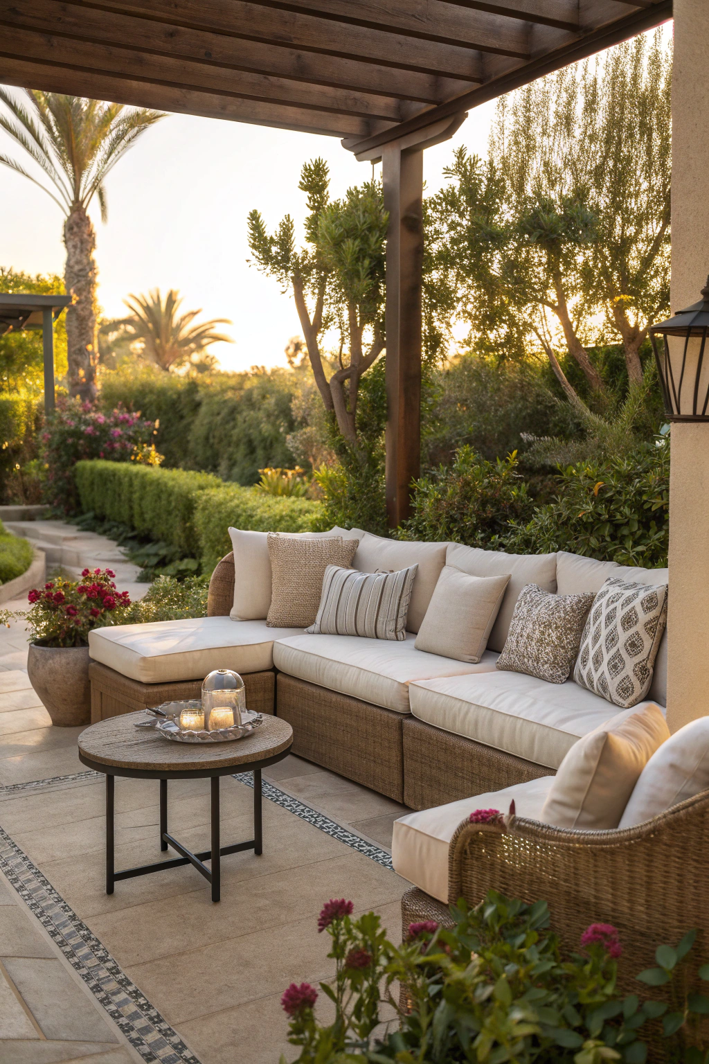 Cozy patio corner seating with cushions and a small table
