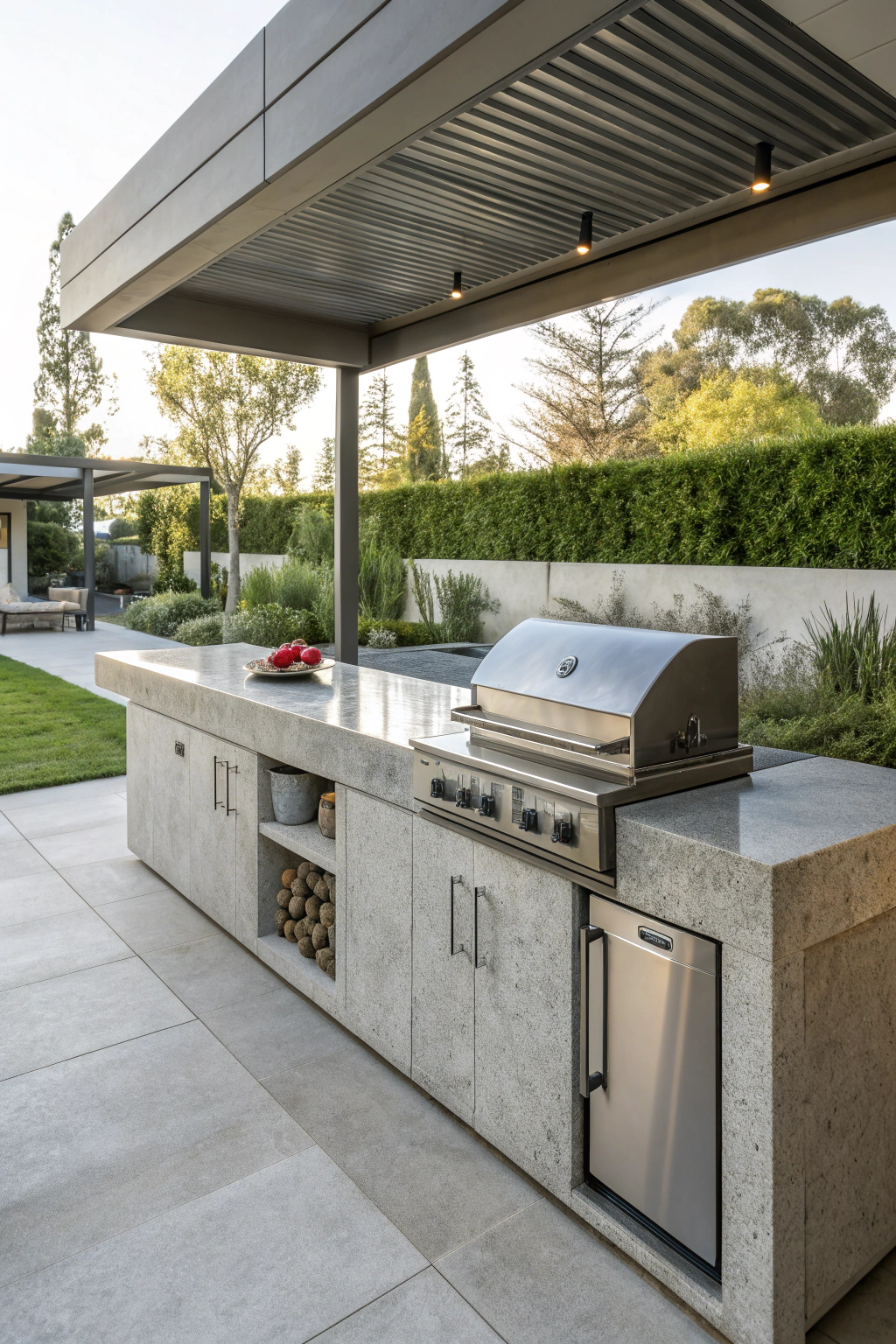 Modern outdoor kitchen with polished concrete surfaces
