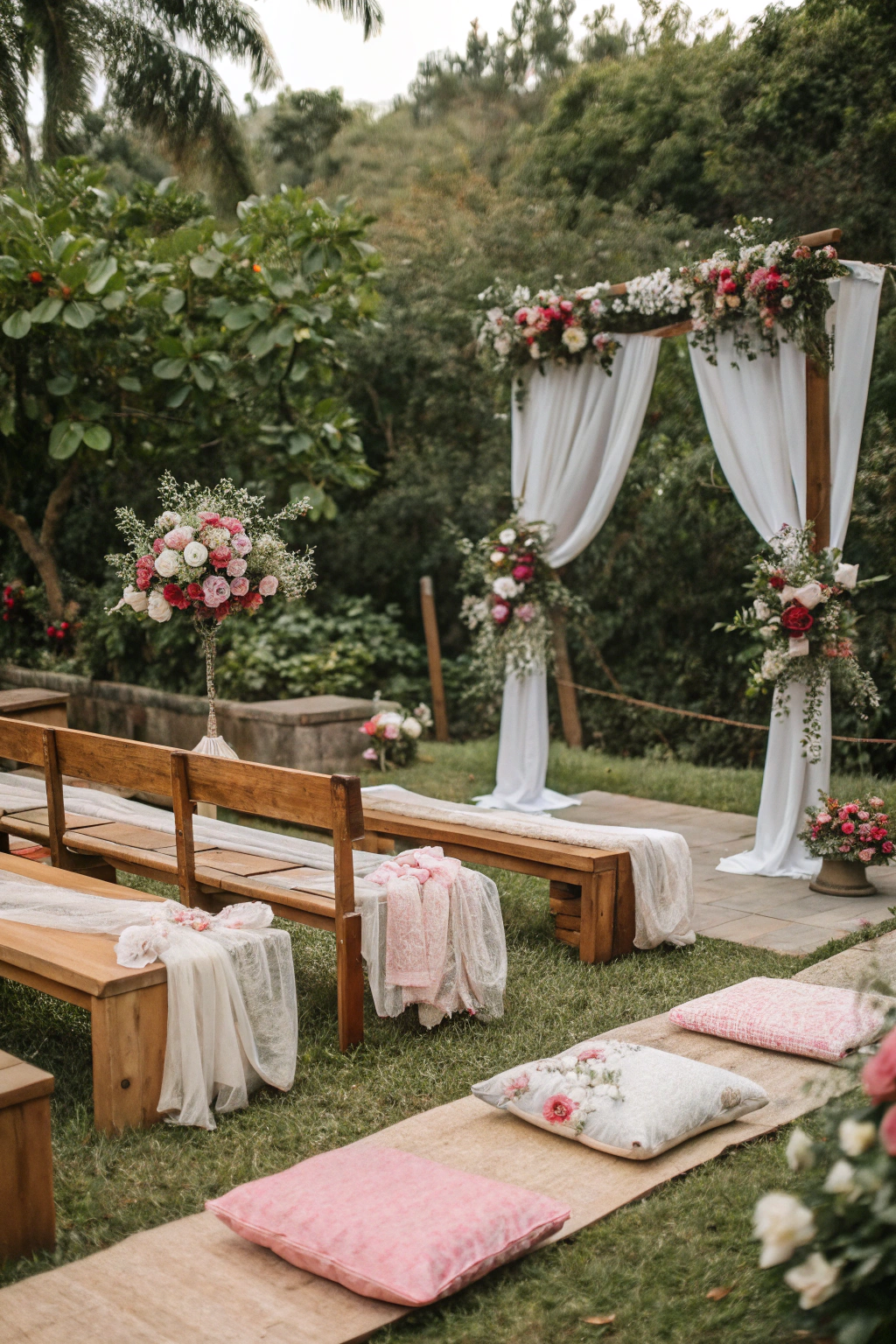 Elegant ceremony seating arranged in a garden setting