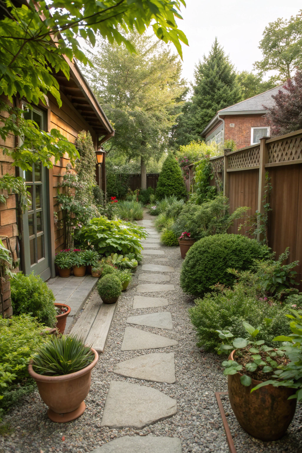 Beautifully landscaped small backyard with gravel and plants
