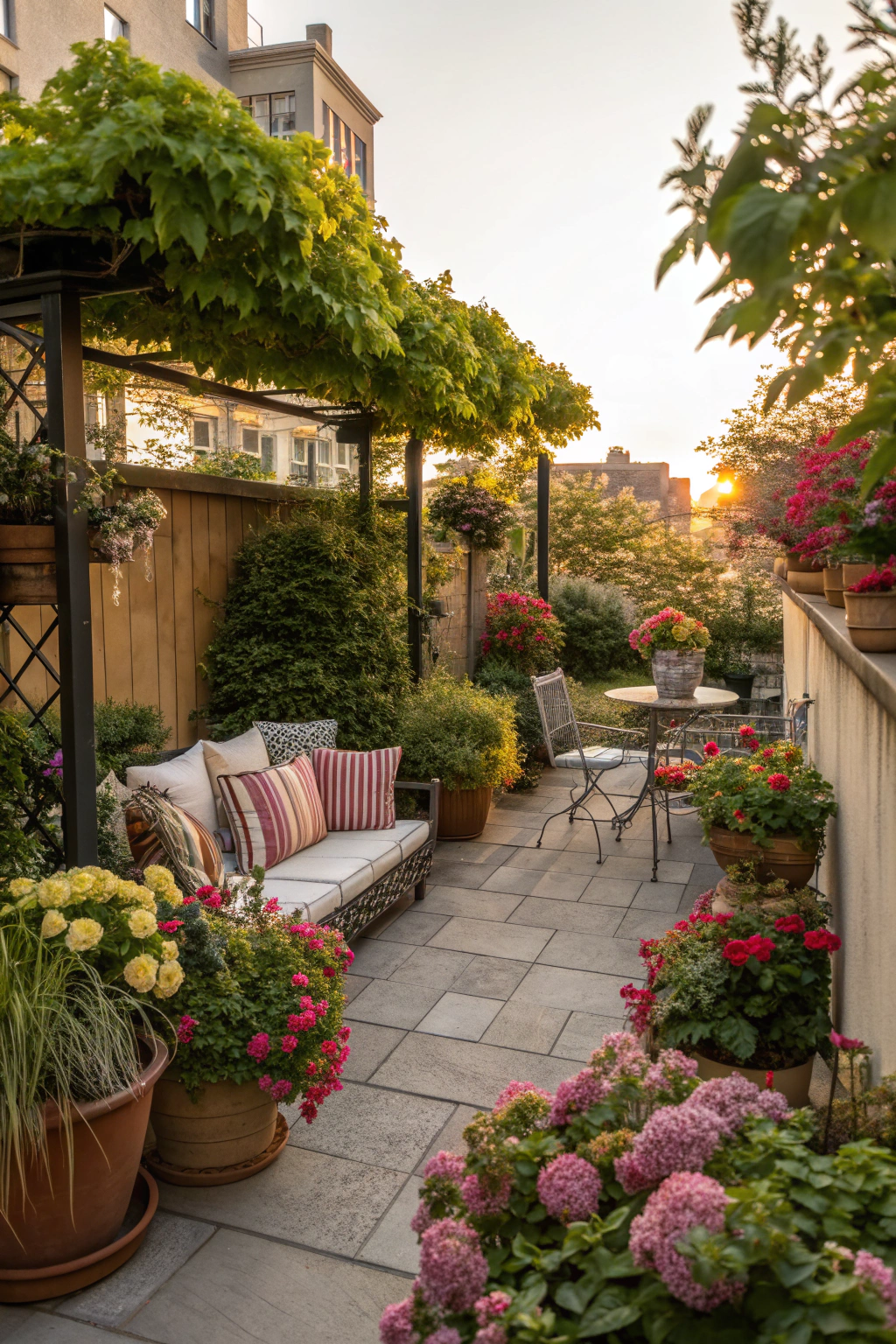 Lush small patio garden with seating and plants