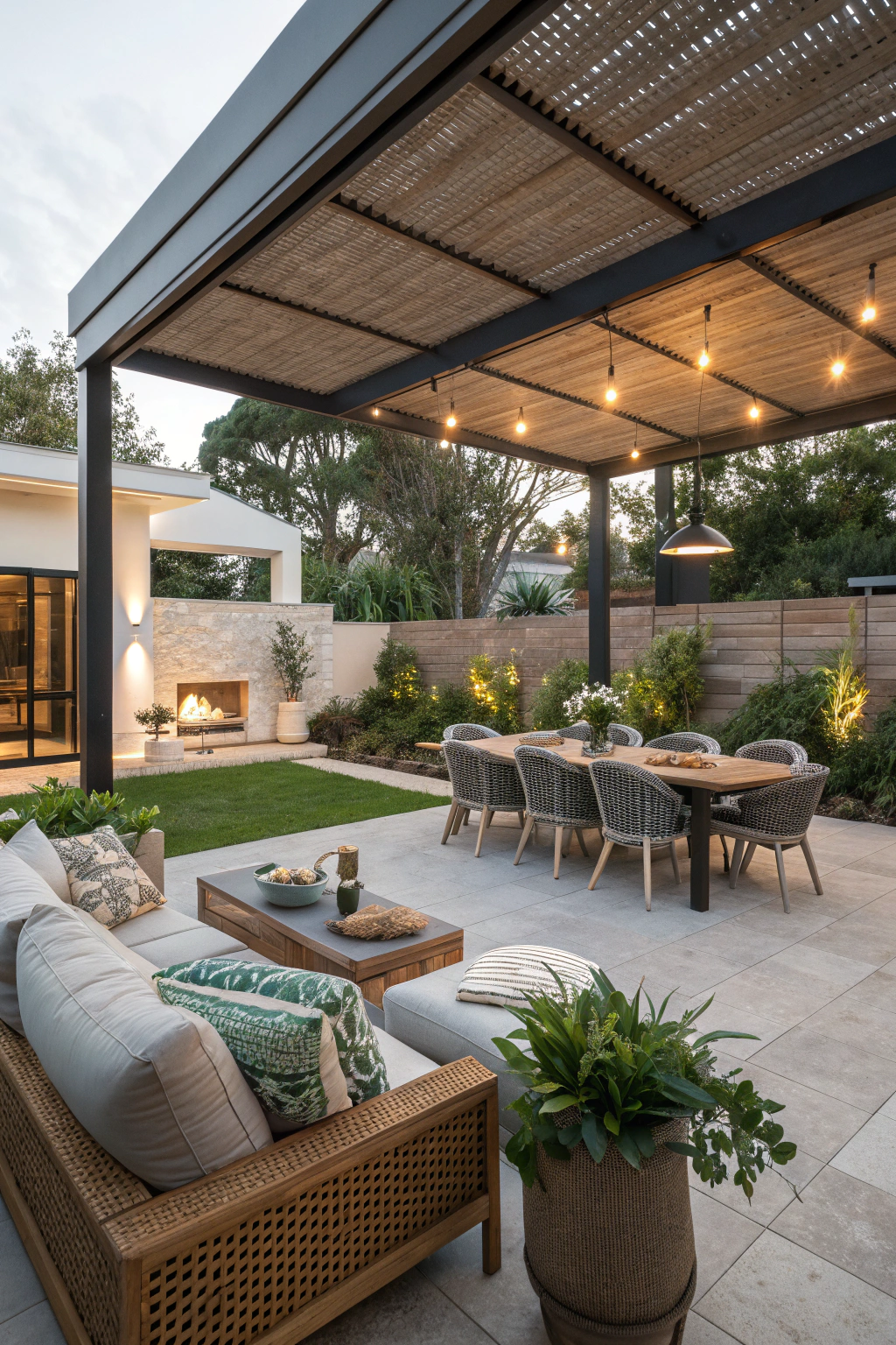 Stylish outdoor backyard with separate zones for lounging and dining