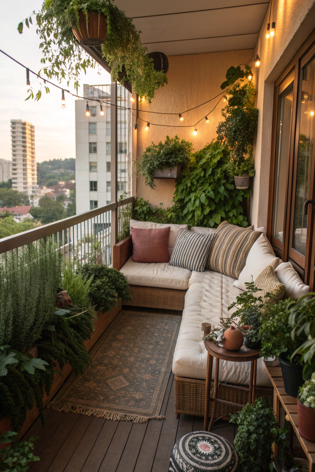 Cozy balcony couch with plants and decor