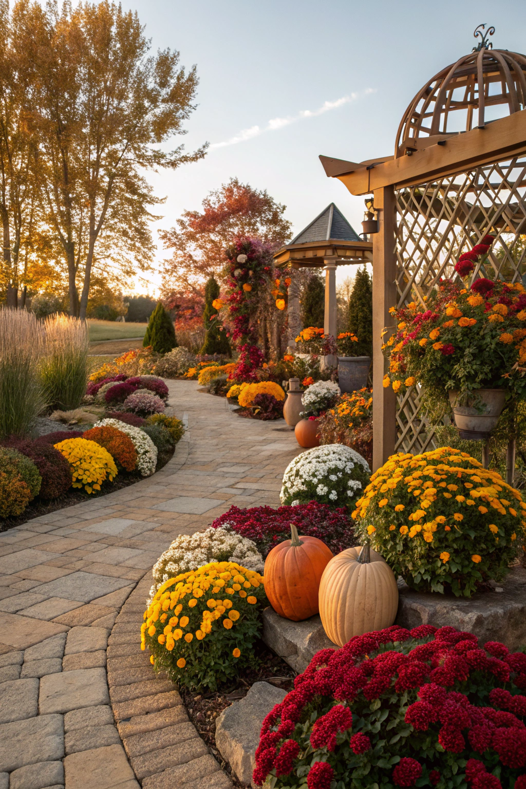 Seasonal garden decor with flowers and autumn elements