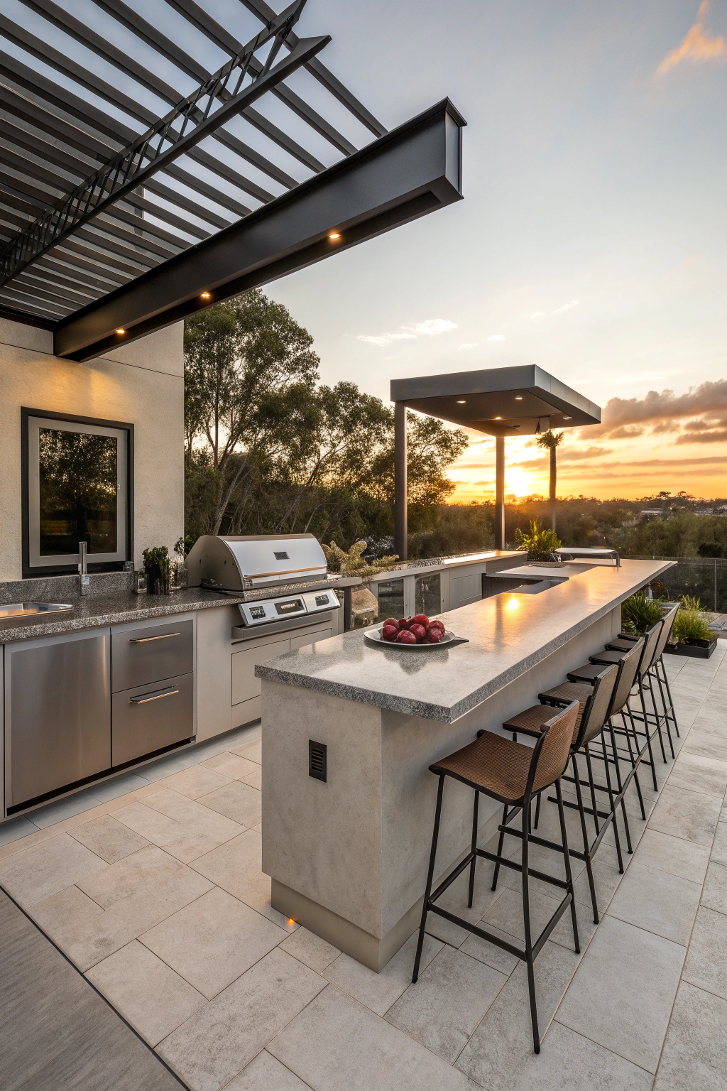 Contemporary outdoor kitchen with sleek design and hibachi grill
