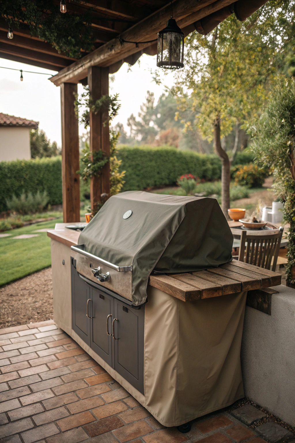 Outdoor grill with protective cover in a backyard kitchen
