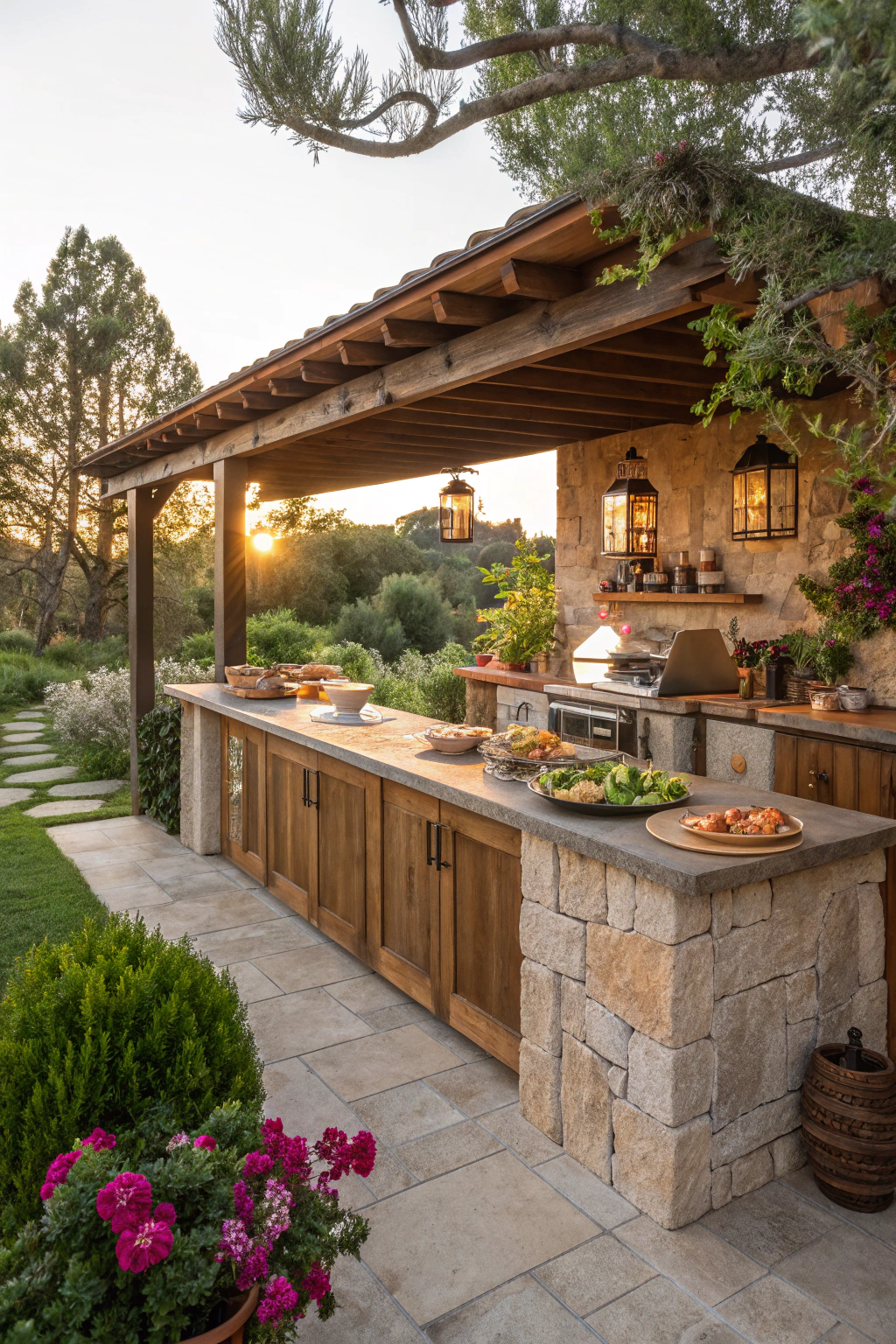 Charming garden bar kitchen setup in a backyard