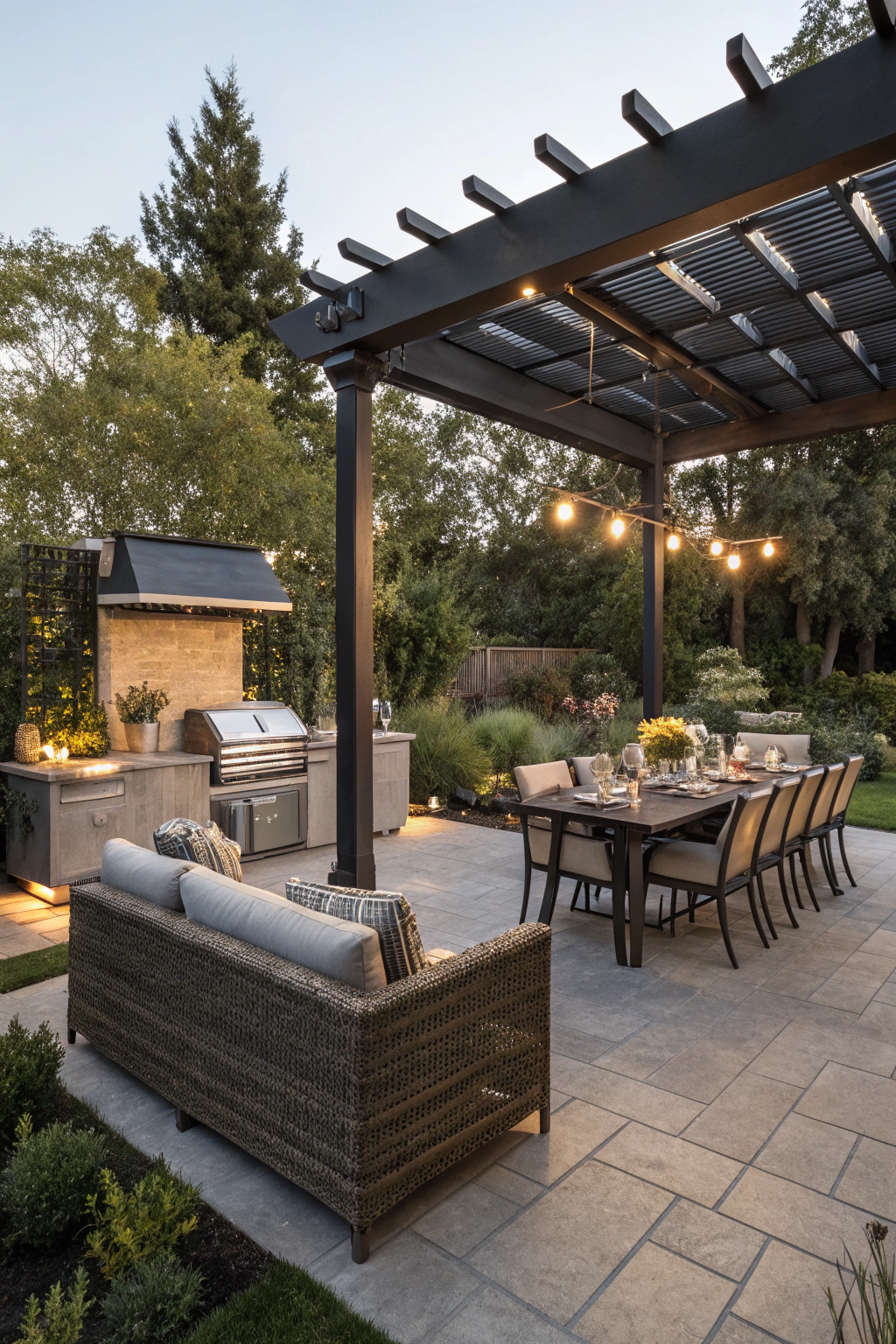 Outdoor BBQ dining area with seating and shade