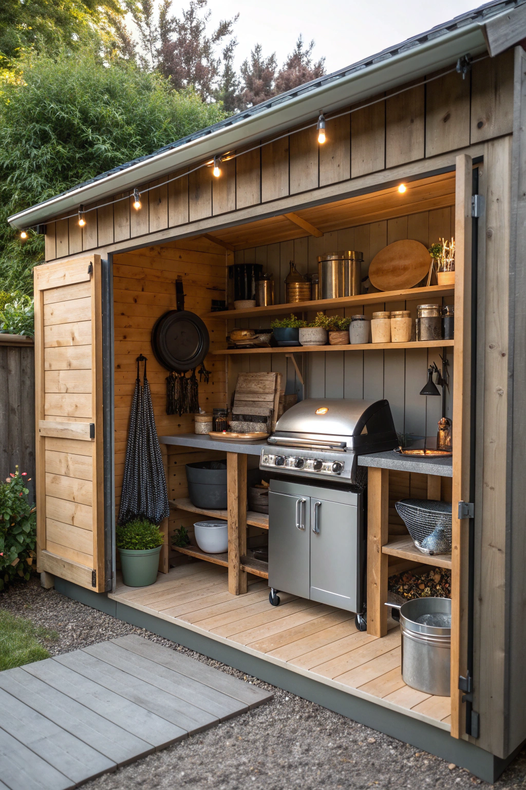 Shed converted into an outdoor kitchen with appliances