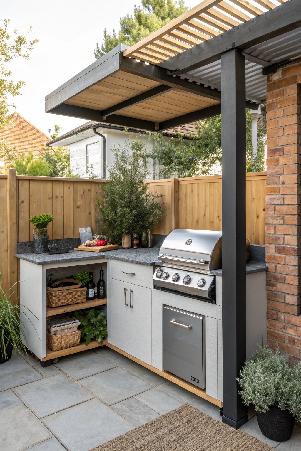 Compact outdoor kitchen plan in a small backyard
