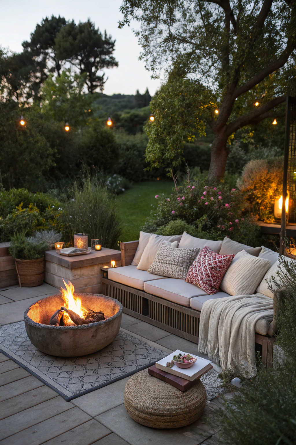 Cozy outdoor seating area with cushions and fire pit