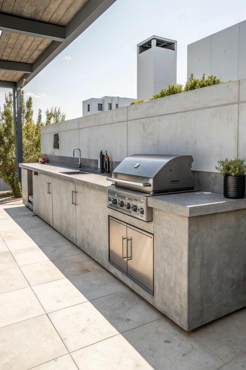 Modern concrete outdoor kitchen with countertops and grill