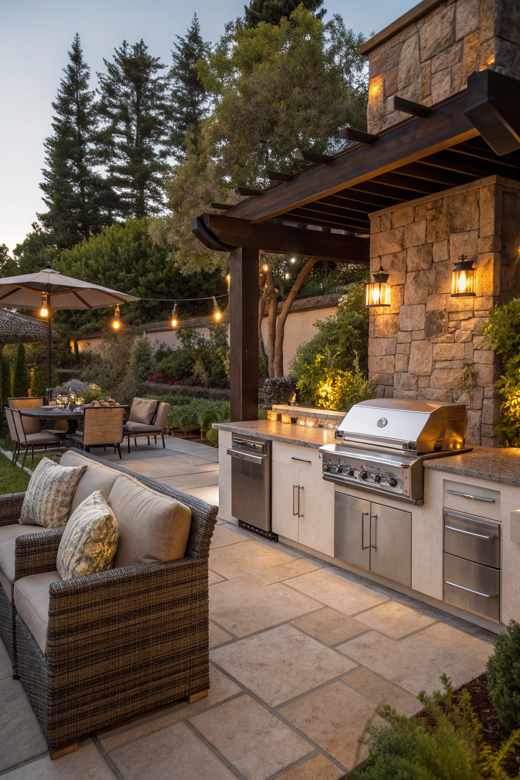 Luxury BBQ area with high-end appliances and seating