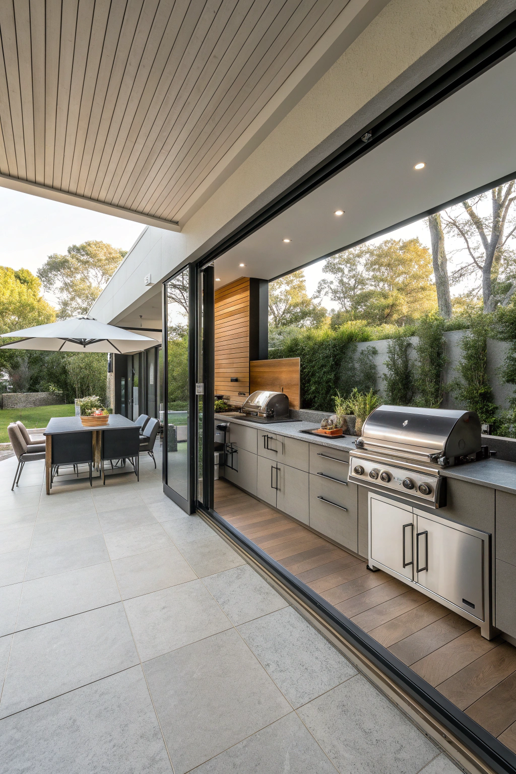 Indoor-outdoor kitchen with sliding doors