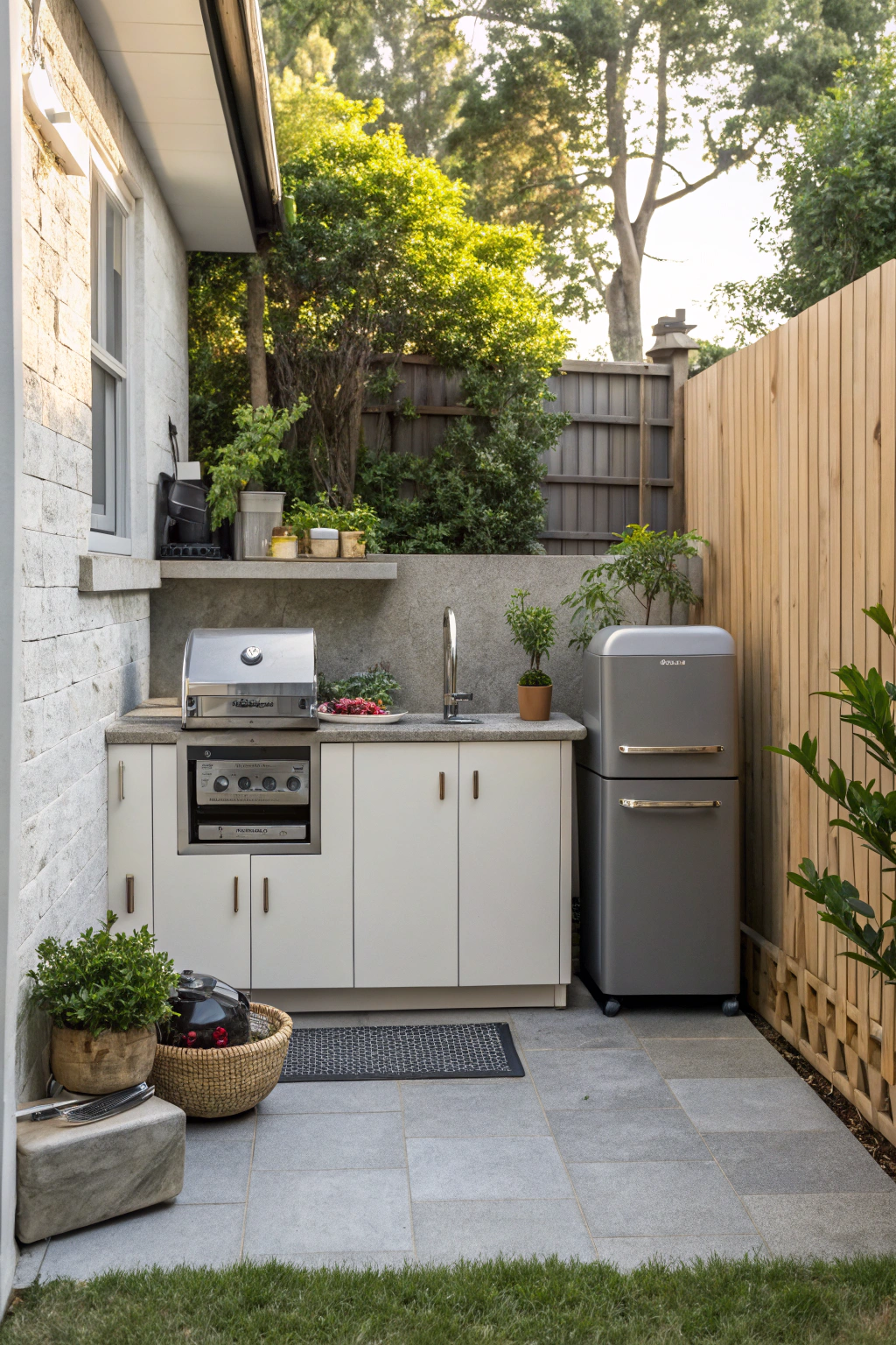 Compact outdoor kitchen setup in a small backyard