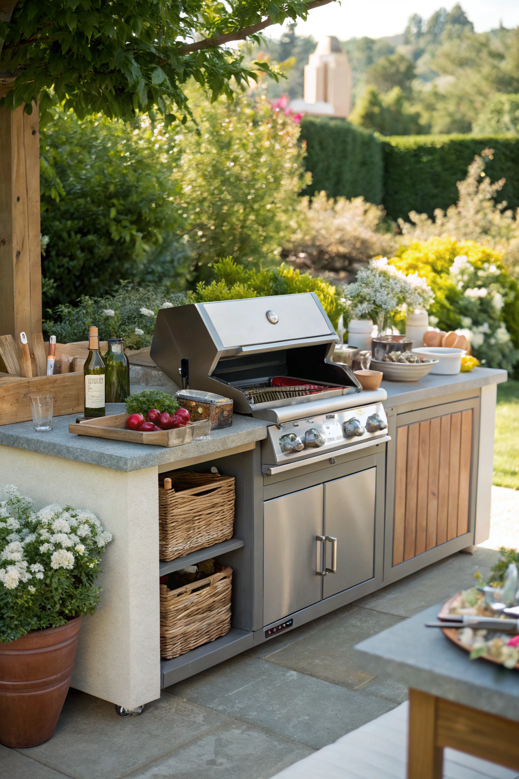 Outdoor BBQ setup with grill and counter space