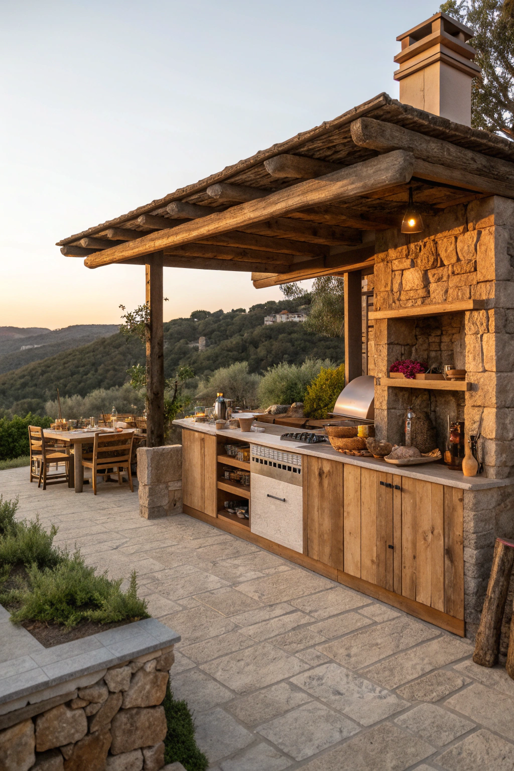 Rustic outdoor kitchen with natural wood and stone elements
