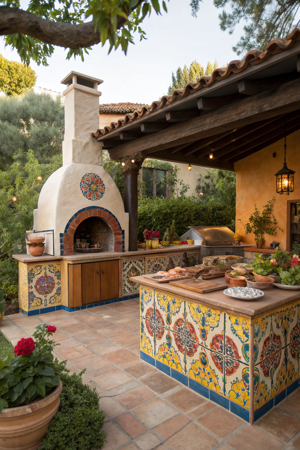 Hacienda style outdoor kitchen with colorful tiles and rustic decor