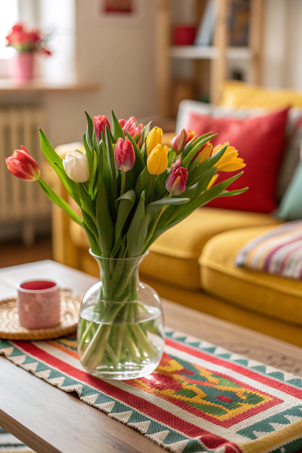 Coffee table adorned with a vibrant flower arrangement and decorative accents