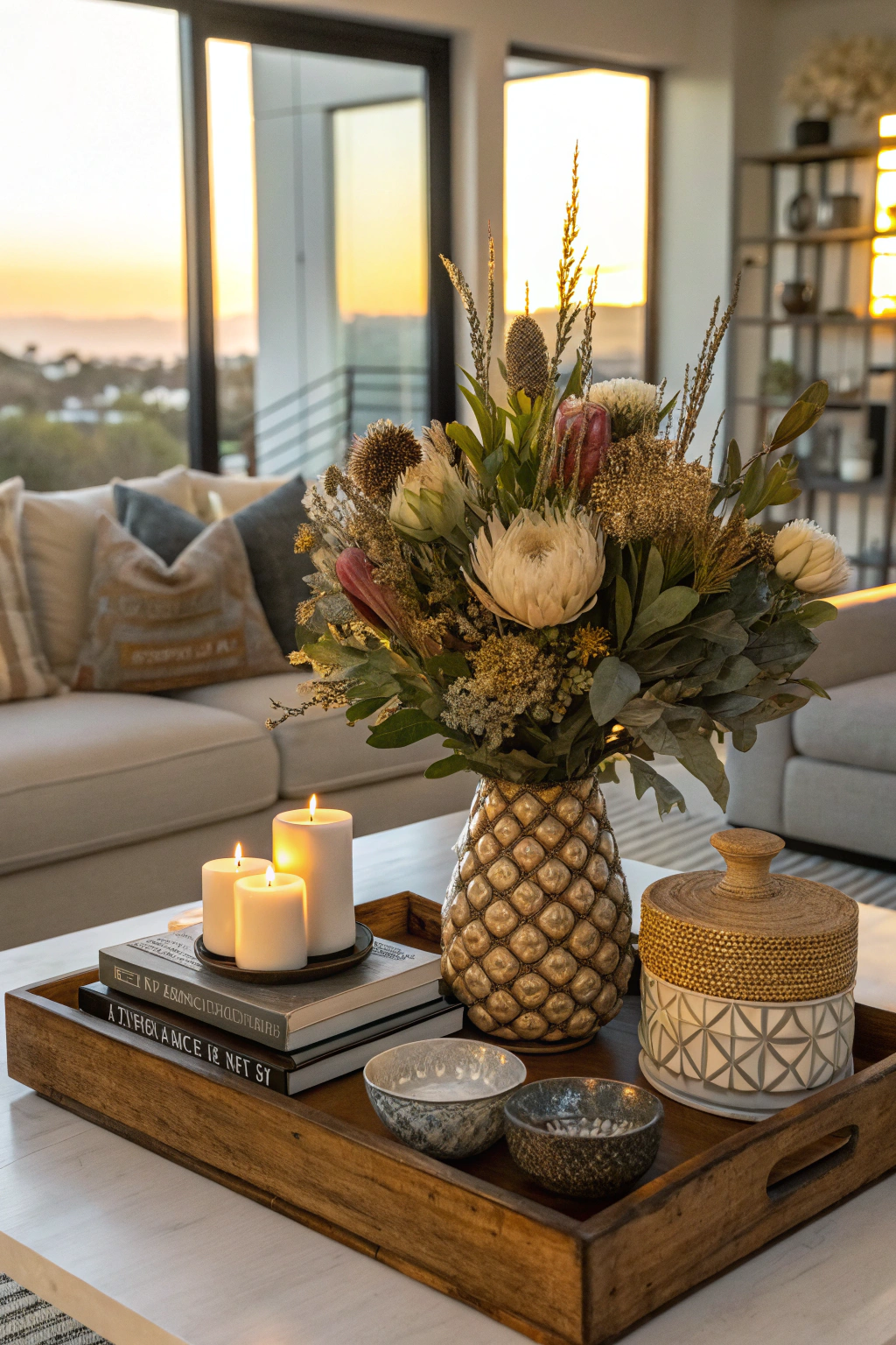 Stylishly arranged coffee table with a mix of decor items and functional elements