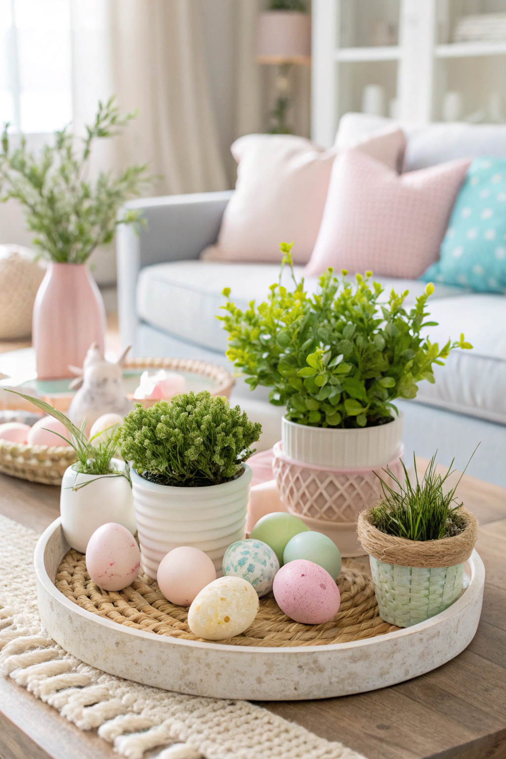 Spring-themed coffee table with pastel colors and seasonal decorations