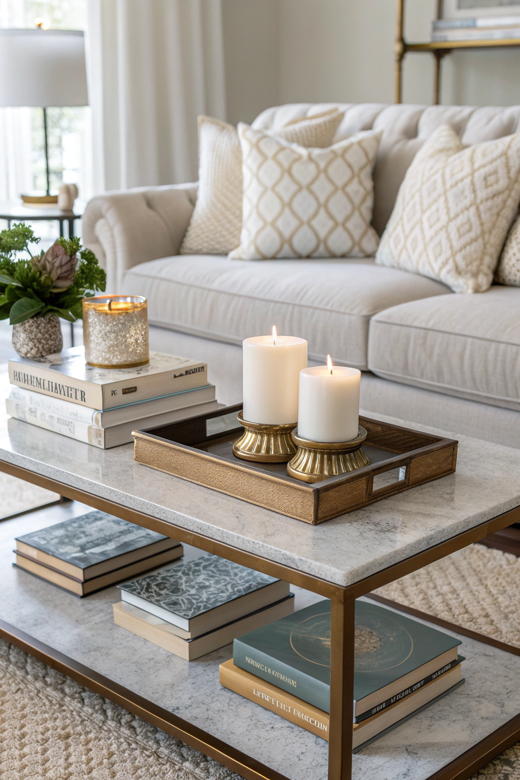Stylish coffee table setup in front of a sofa with a chaise lounge