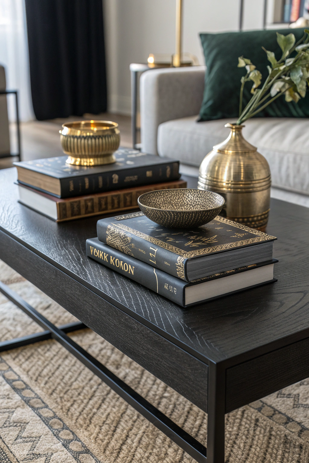 Stylish black oak coffee table with modern decor and decorative books