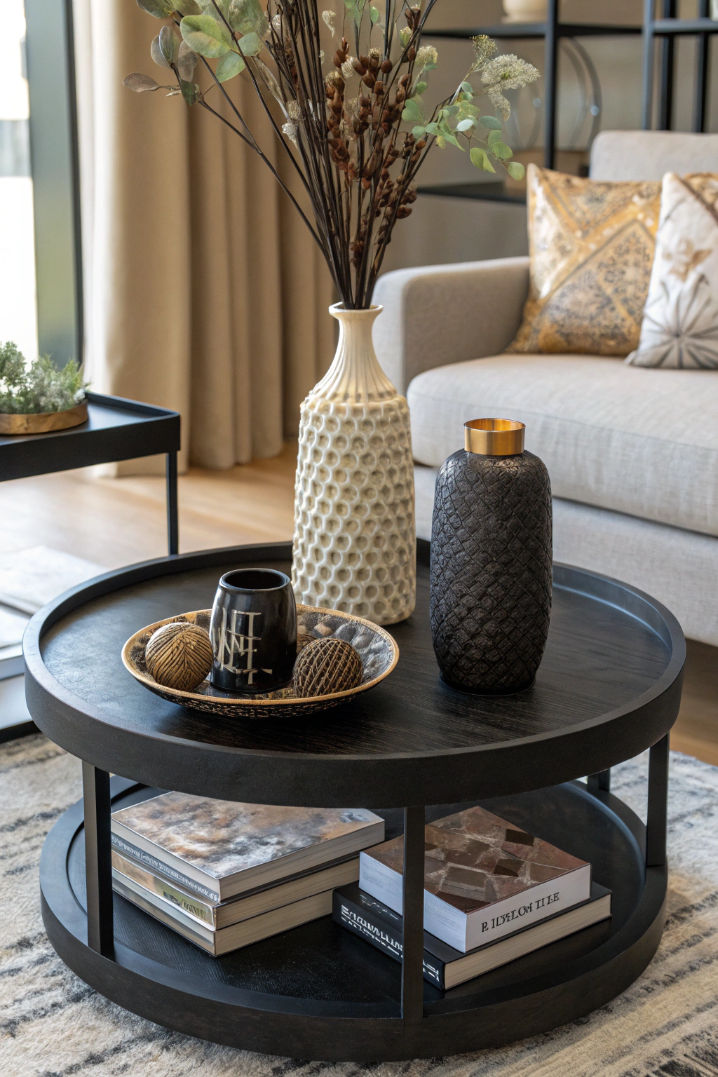 Round black coffee table styled with a mix of decorative elements and textures