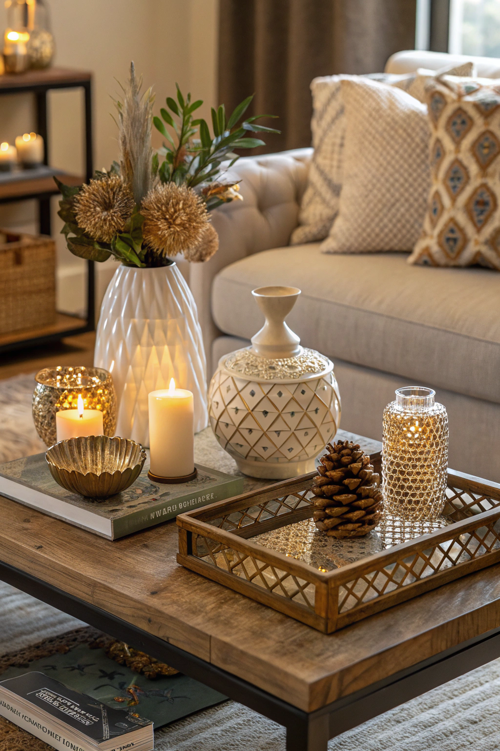 Different coffee table shapes styled with various decorative elements