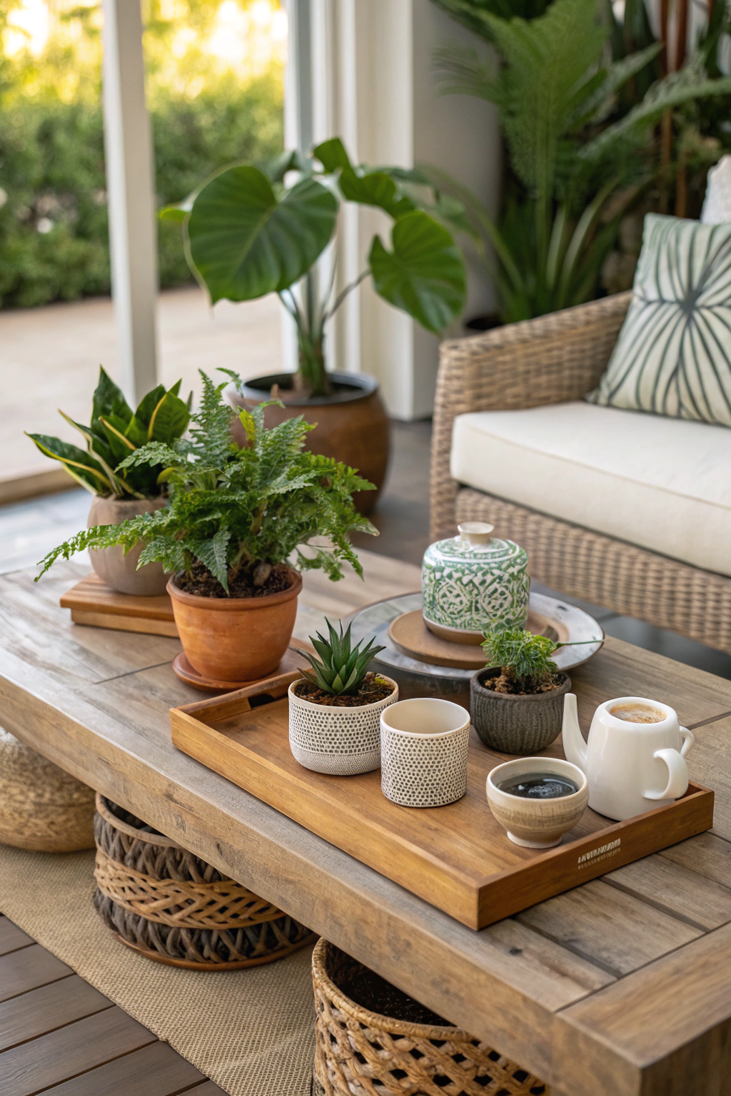 Organic modern coffee table styled with natural materials and greenery