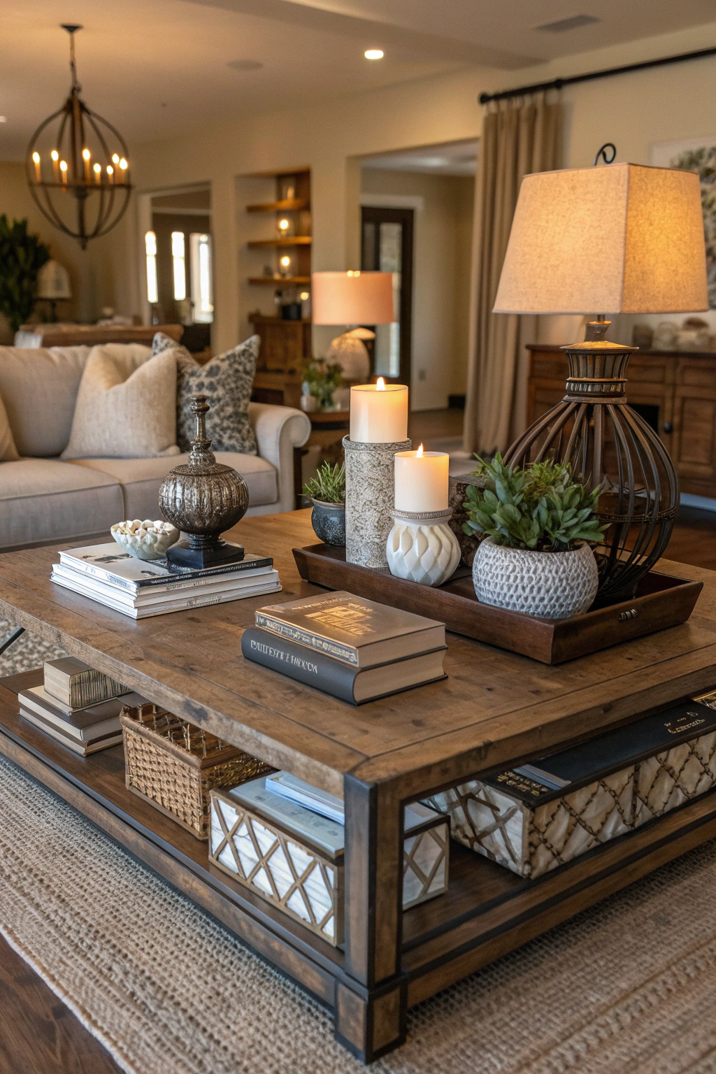 A large coffee table styled with grouped decor and statement pieces