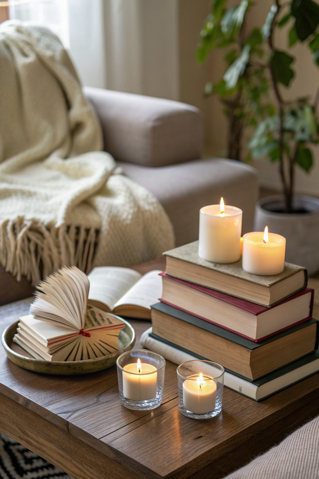 Cozy coffee table arrangement featuring books, decor, and candles