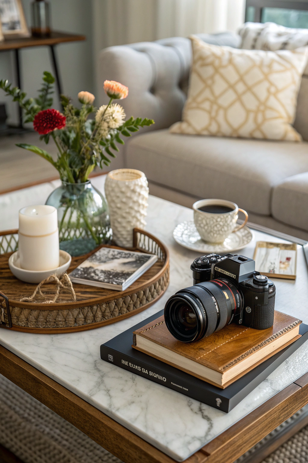 Coffee table styled with a mix of decor elements and personal touches