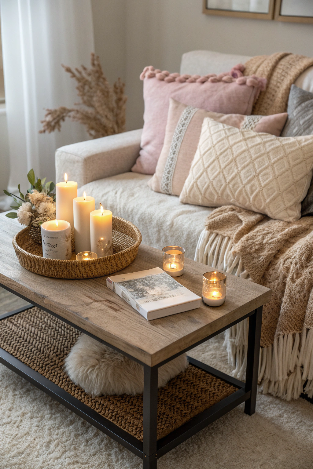 Coffee table styled for a bedroom couch with cozy decor elements