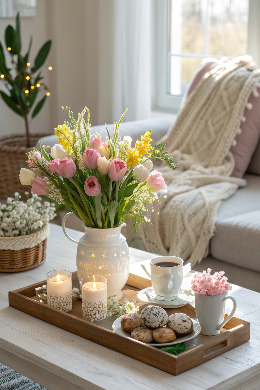 Coffee table styled for spring using fresh flowers and light decor