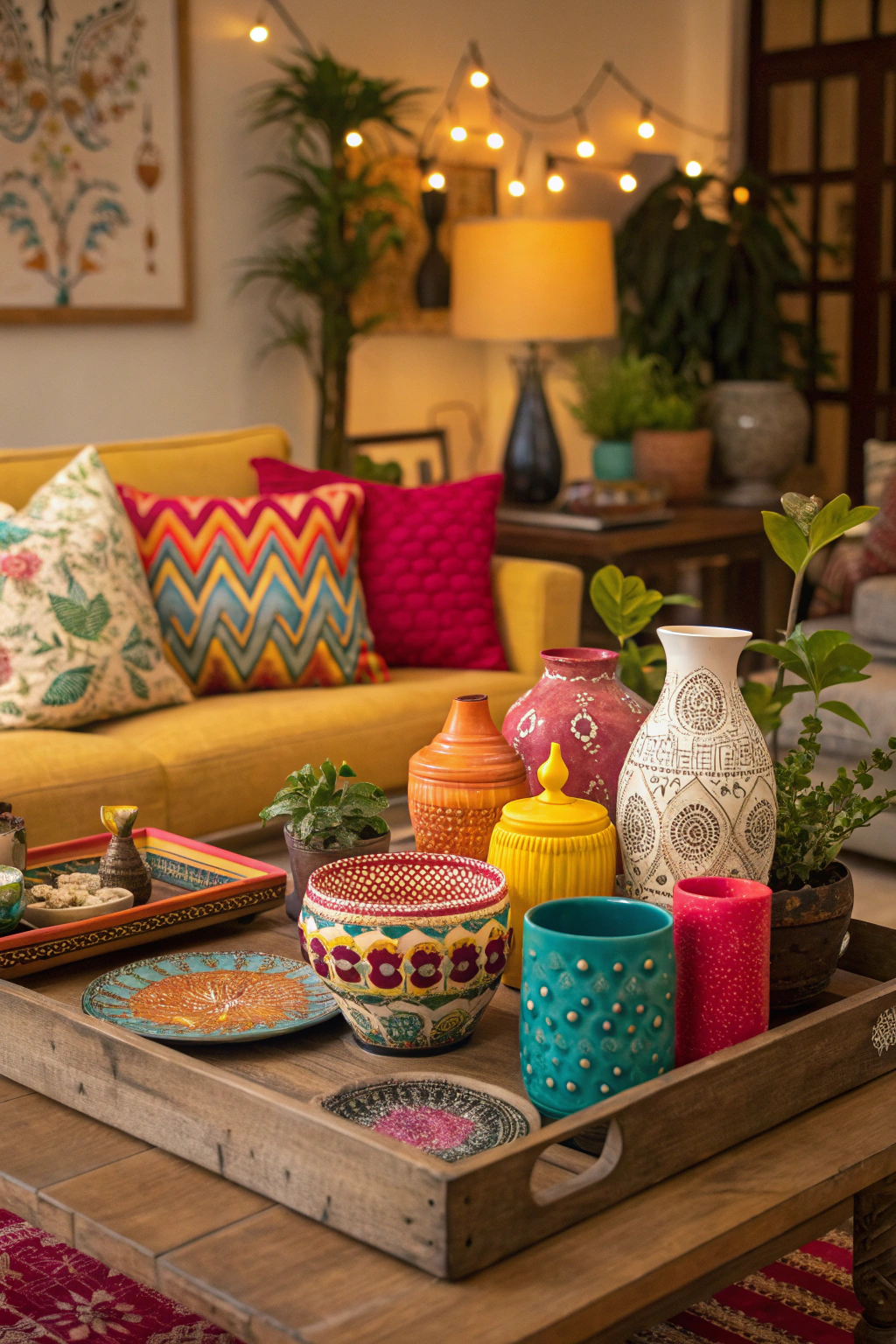 Eclectically styled coffee table with a variety of colorful decor items