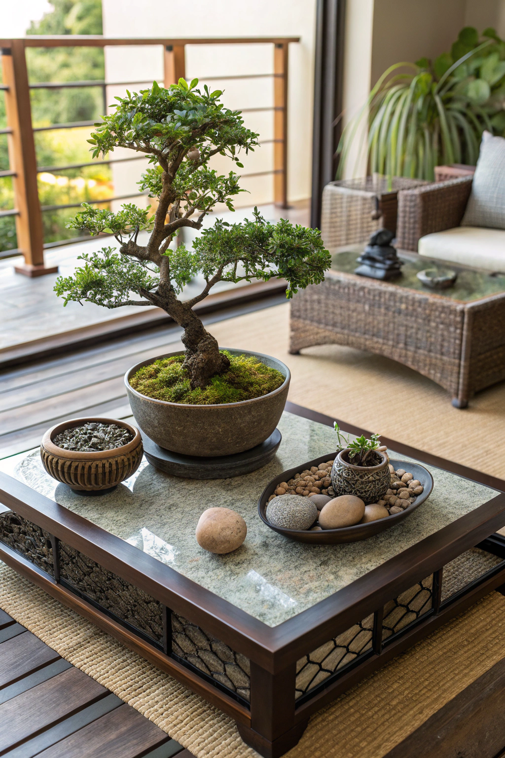 Bonsai coffee table styled with natural decor elements and light