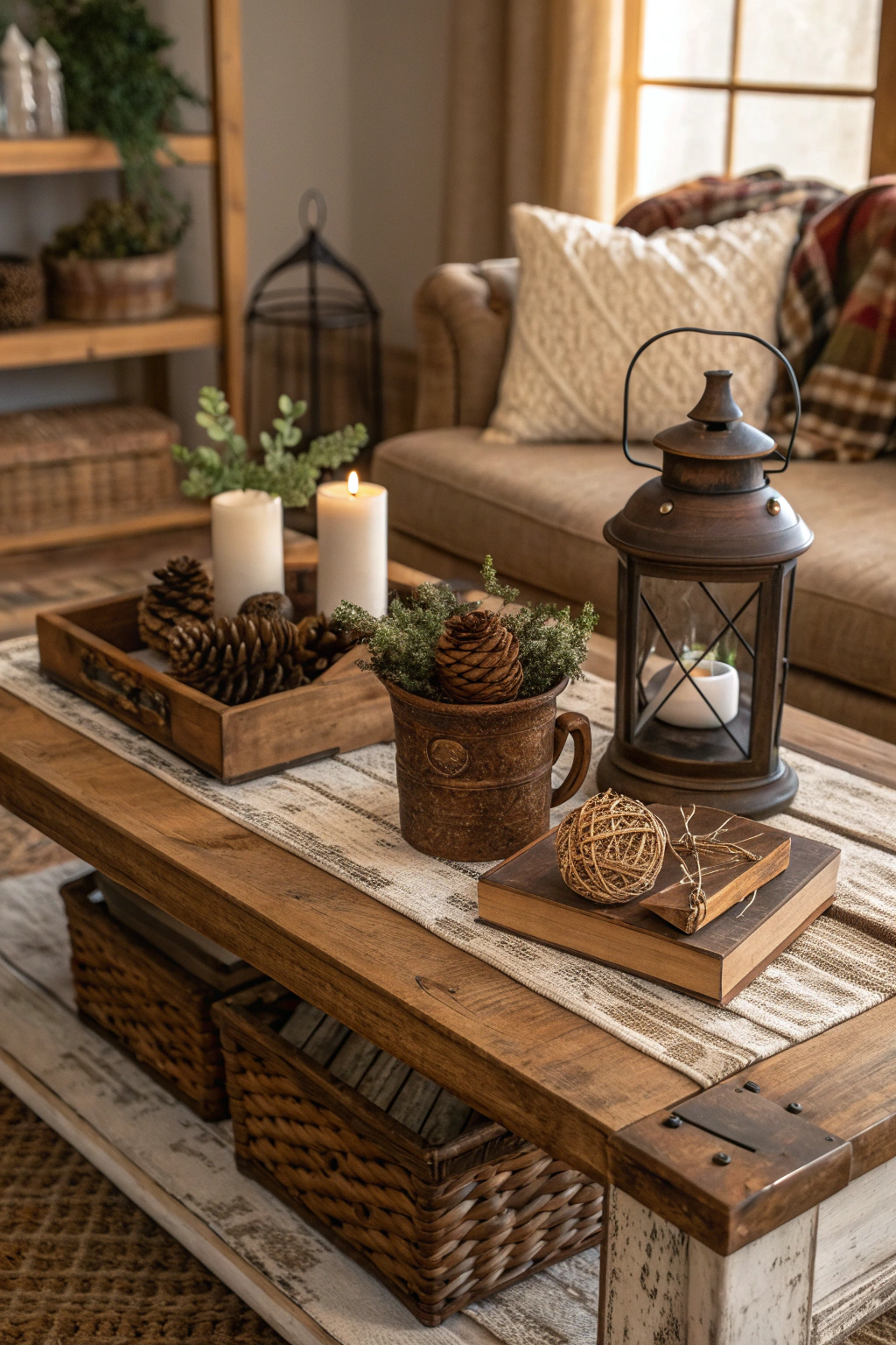Farmhouse coffee table styled with rustic decor and natural elements