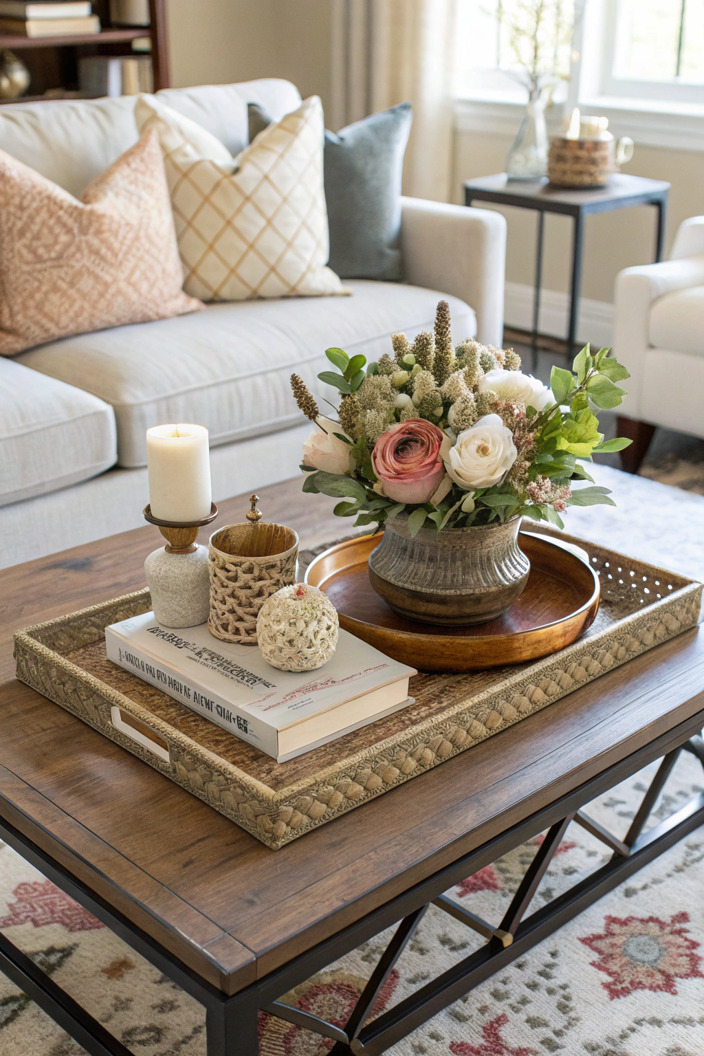 Square coffee table styled with a central focal point and layered decor