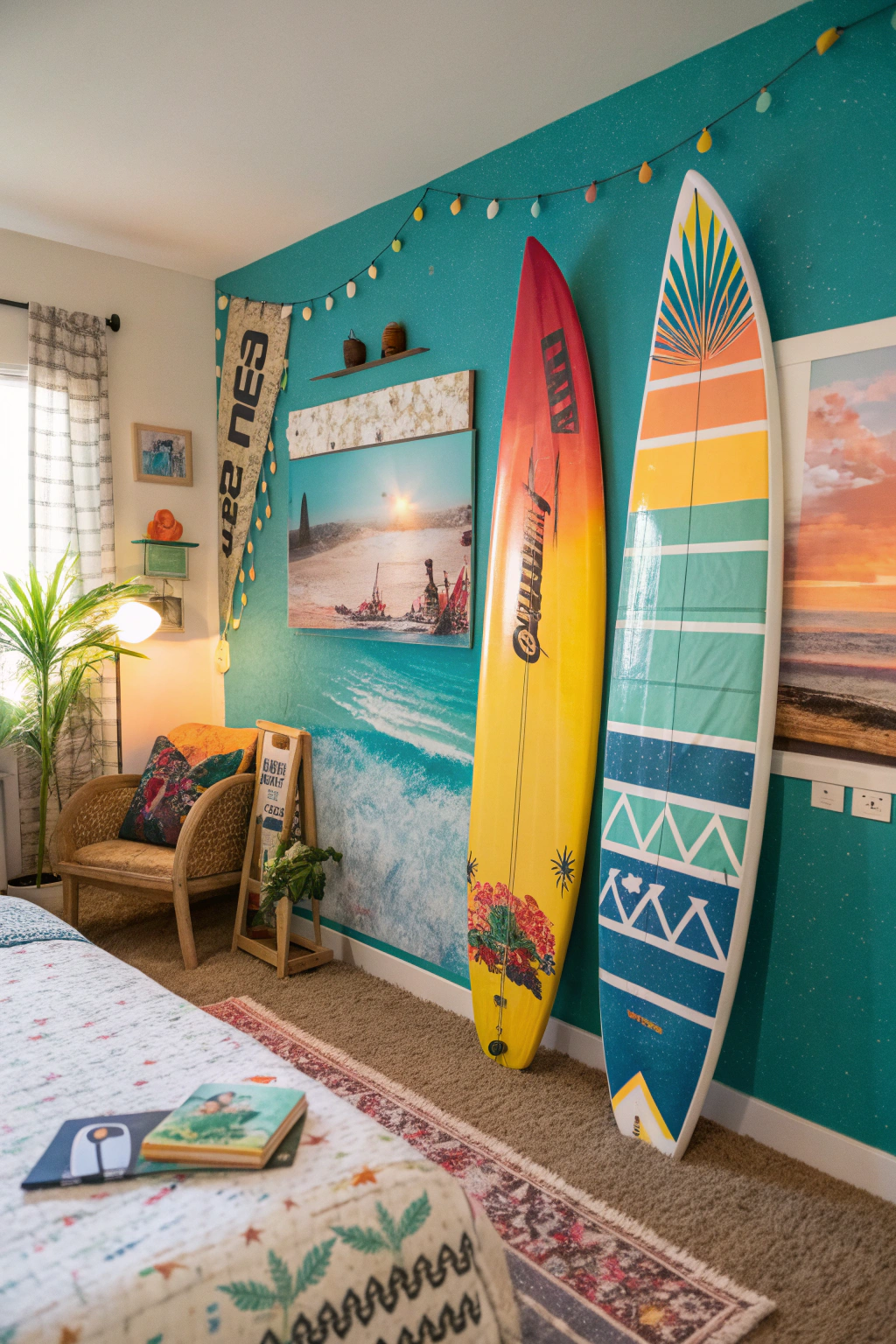 Vibrant surf room decor featuring surfboards and beach-themed artwork