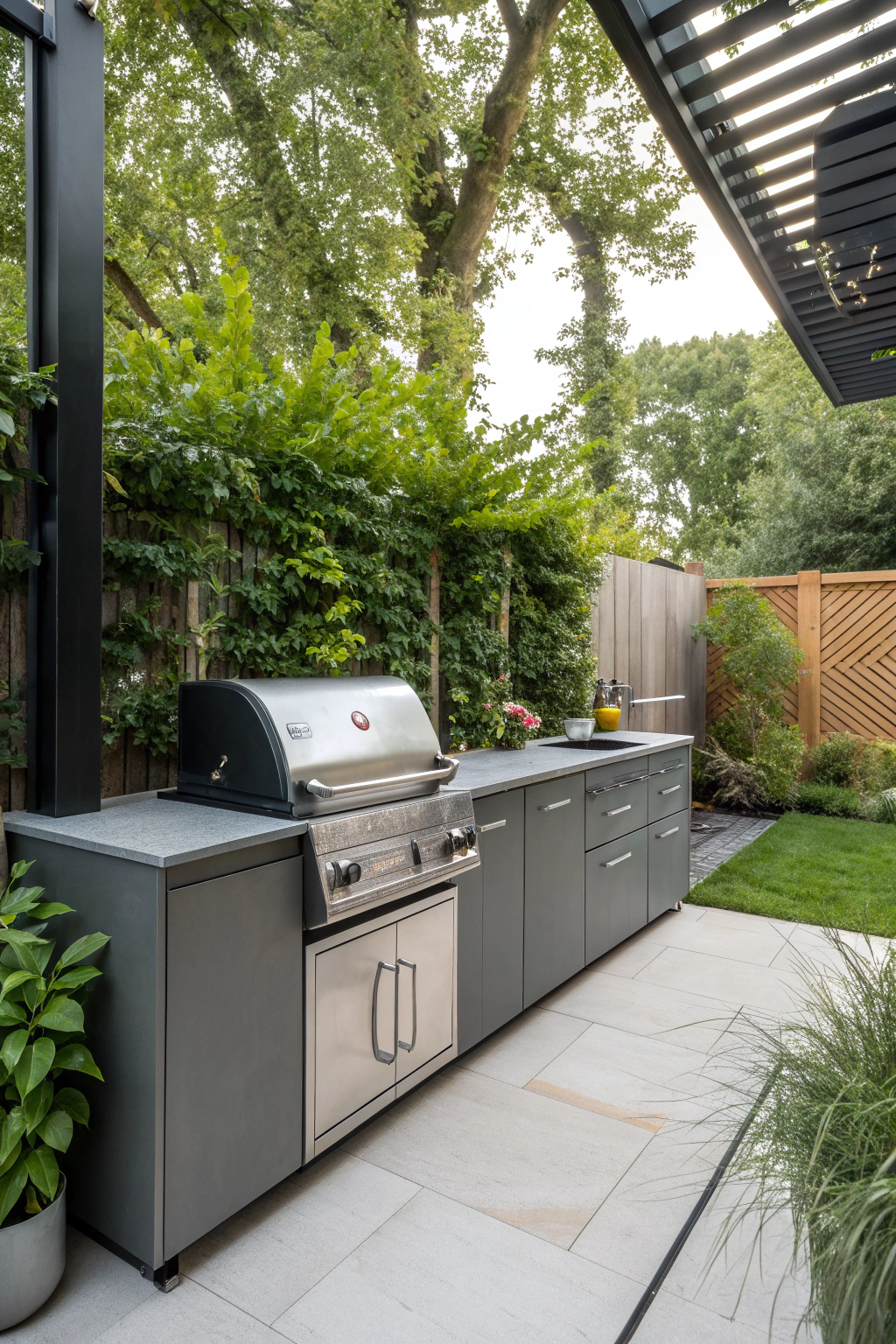 Compact outdoor BBQ kitchen with modern design and built-in grill