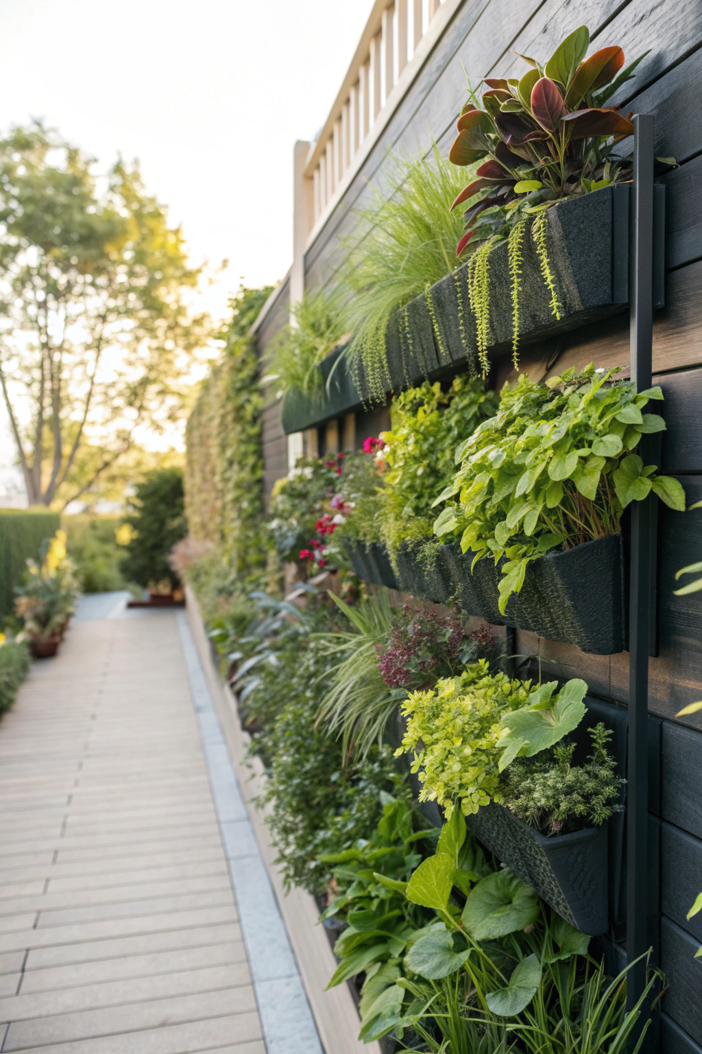 Vertical garden featuring wall planters with various plants