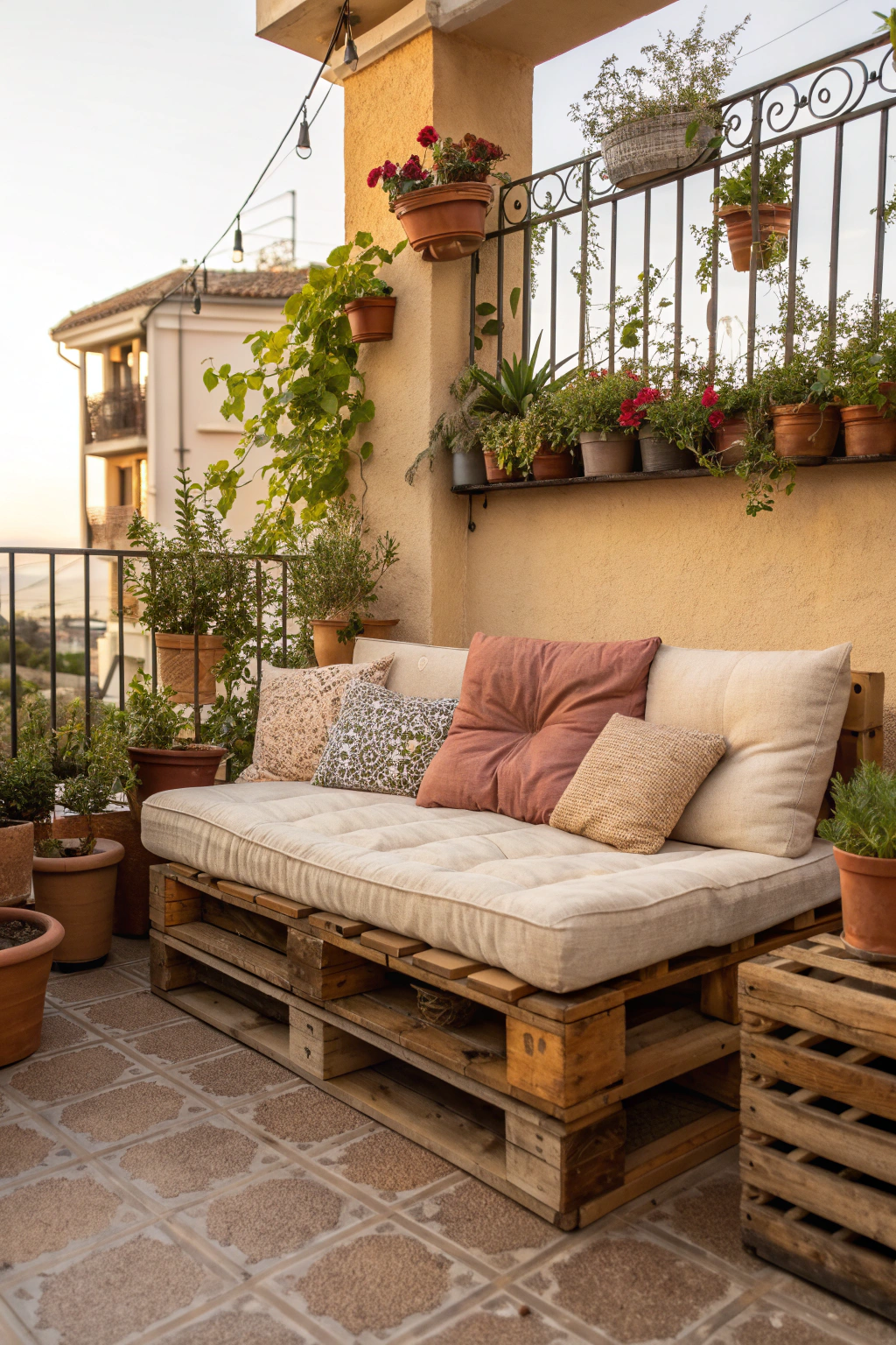 Rustic pallet couch on a balcony with cushions and plants