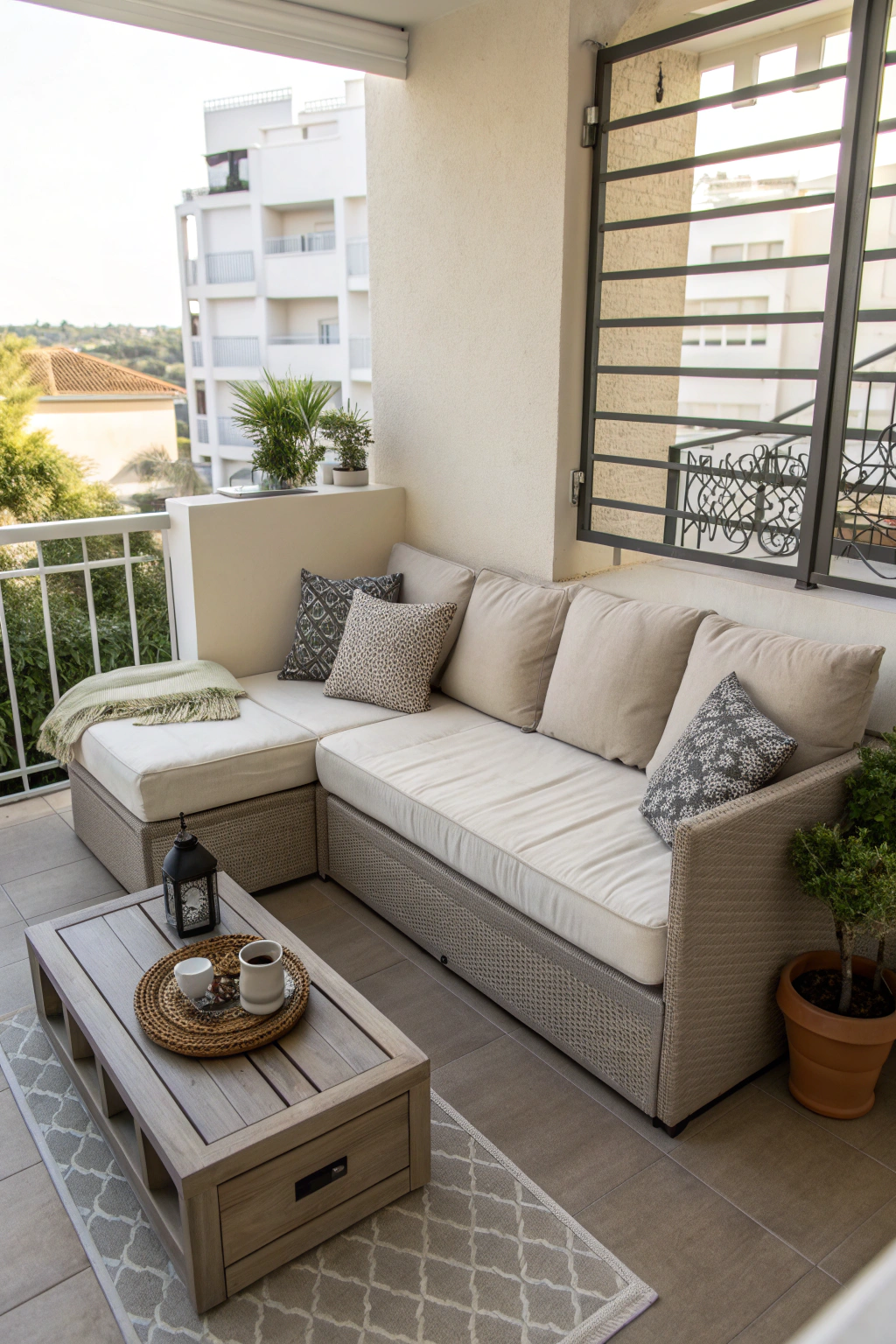 Compact sectional couch with storage on a balcony