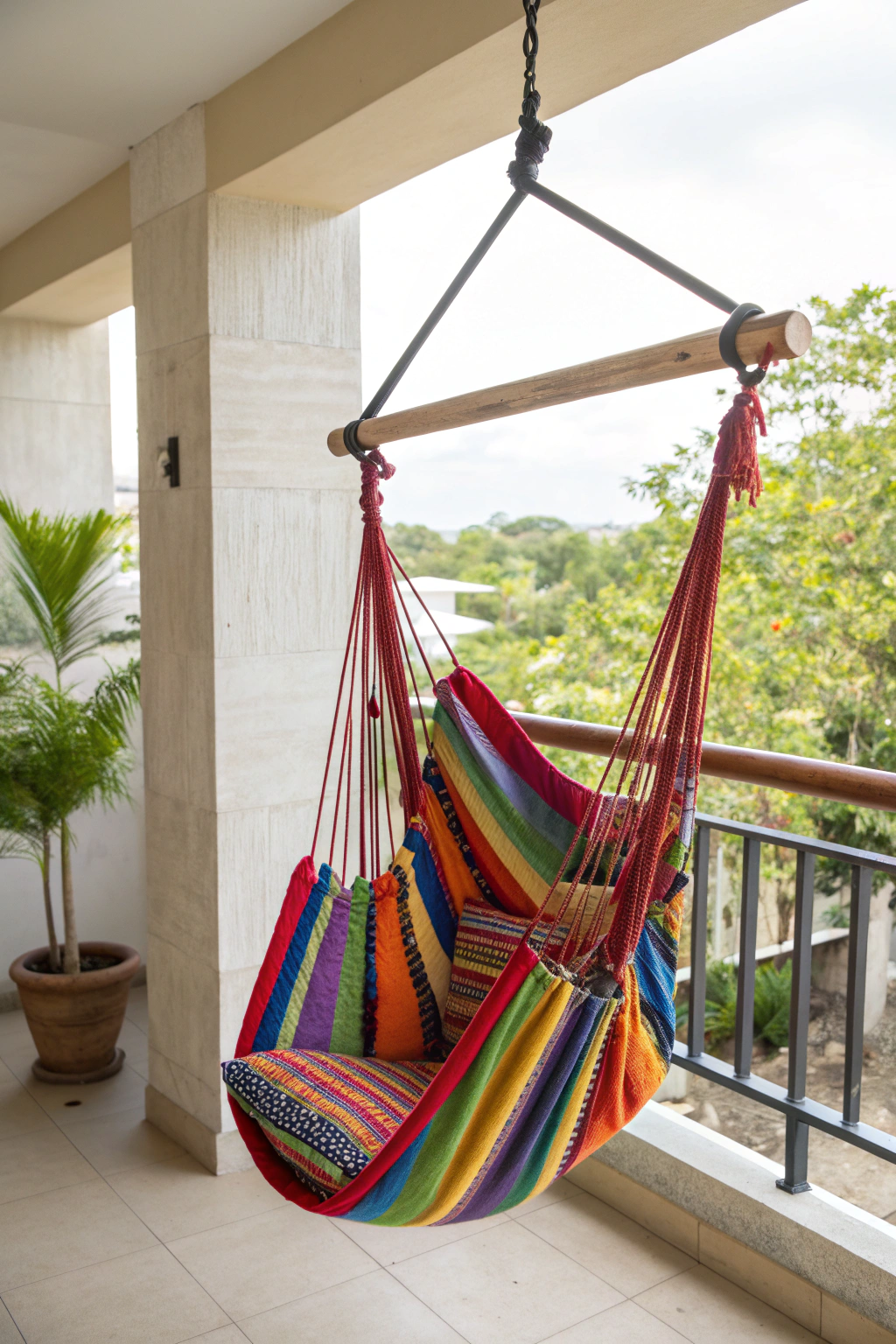 Colorful hammock chair on a balcony with a side table