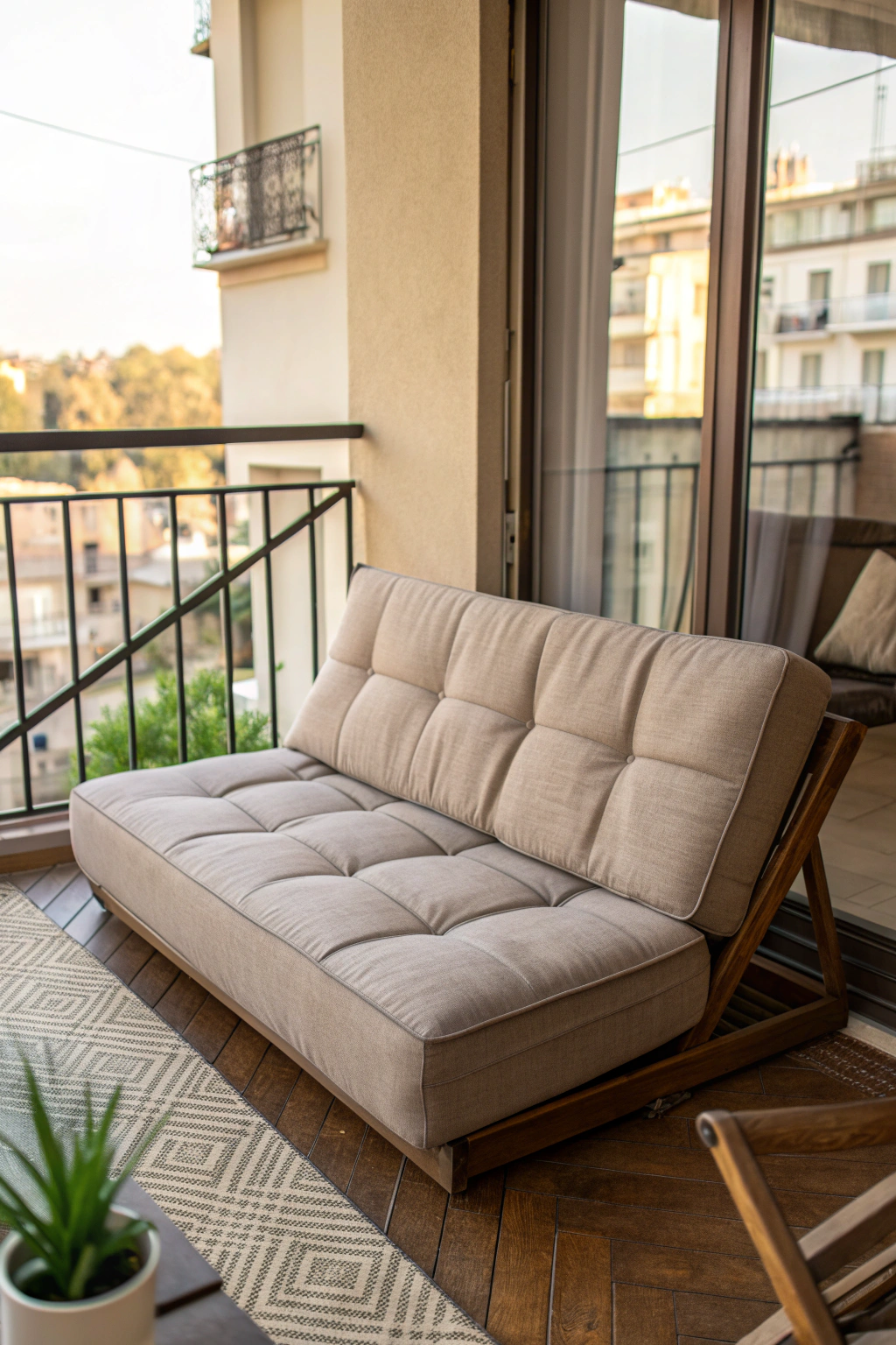 Folding sofa set up on a small balcony